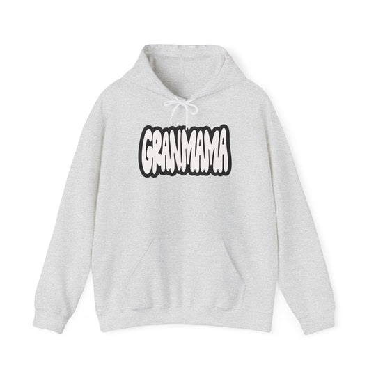 Granmama Hoodie: White sweatshirt with black text, kangaroo pocket, and drawstring. Unisex, cotton-polyester blend, plush and warm. Ideal for cold days. Medium-heavy fabric, tear-away label, classic fit. Worlds Worst Tees.