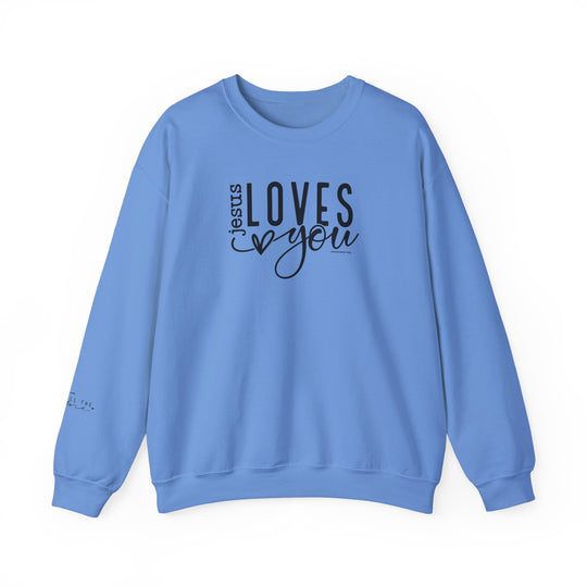 Unisex heavy blend crewneck sweatshirt featuring Jesus Loves You design. Made of 50% cotton, 50% polyester for comfort and durability. Classic fit, ribbed knit collar, and tear-away label for itch-free wear.