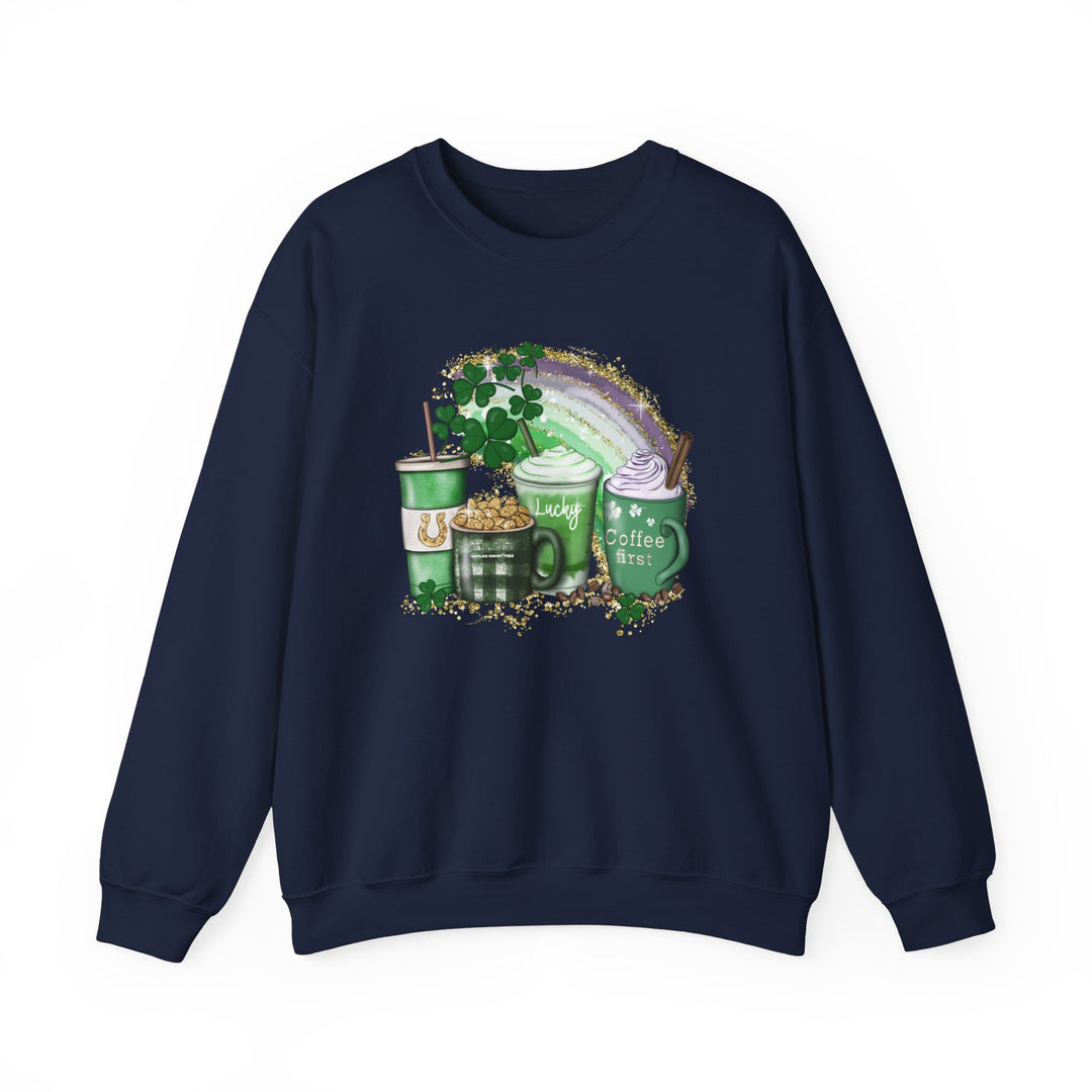 A Lucky Coffee Crew unisex sweatshirt featuring a rainbow and coffee cup design. Comfortable heavy blend fabric with ribbed knit collar. Ideal for casual wear. From Worlds Worst Tees.