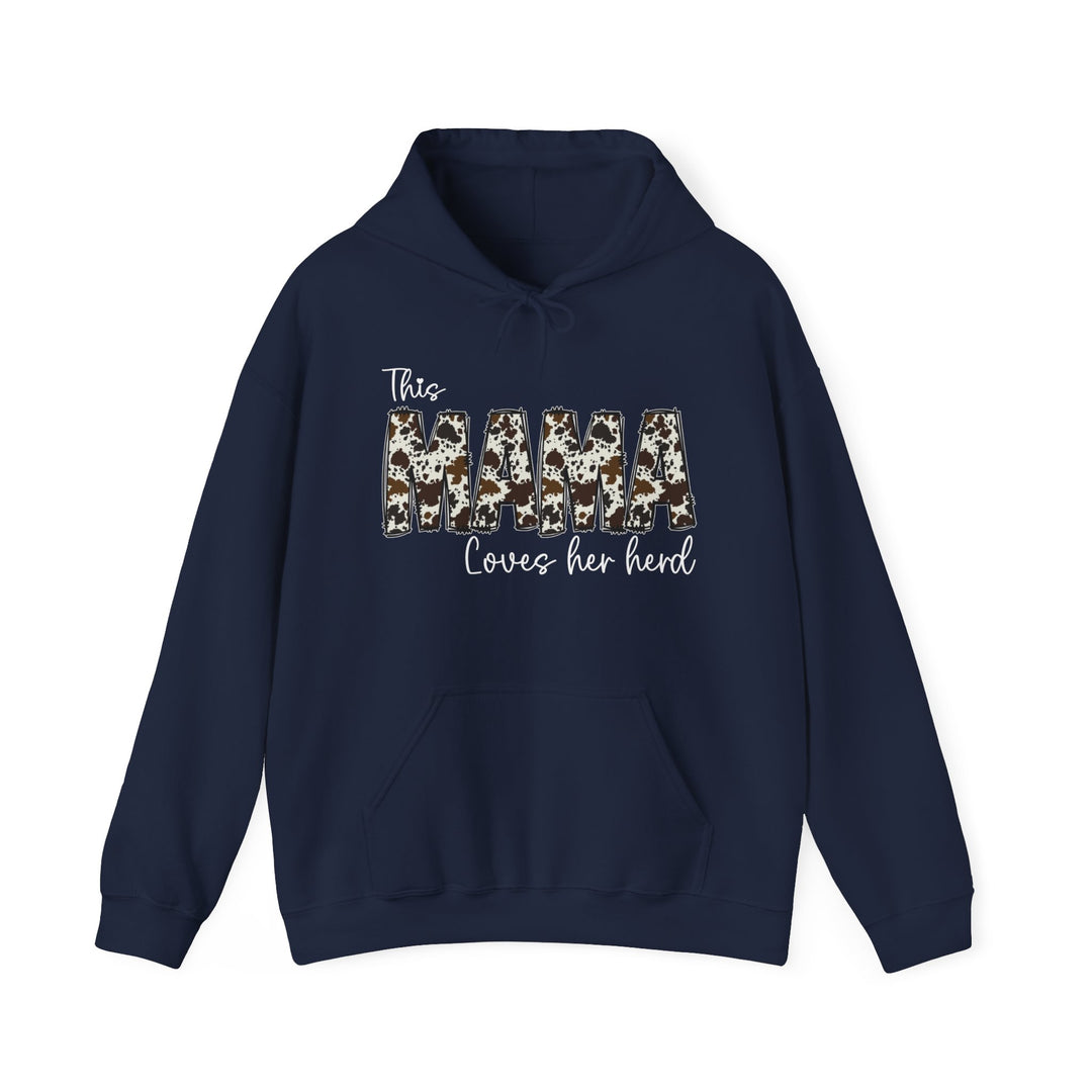 Unisex Mama Herd Hoodie: Blue sweatshirt with cow print, logo detail, and kangaroo pocket. Cotton-polyester blend, cozy feel, no side seams, classic fit. Perfect for printing. From Worlds Worst Tees.