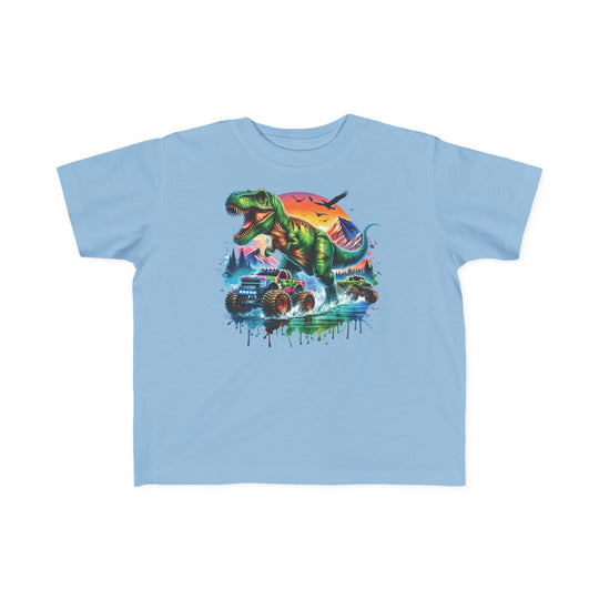 Dino Truck Toddler Tee featuring a vibrant T. rex graphic with monster trucks, ideal for toddlers' sensitive skin, made of soft, durable cotton.