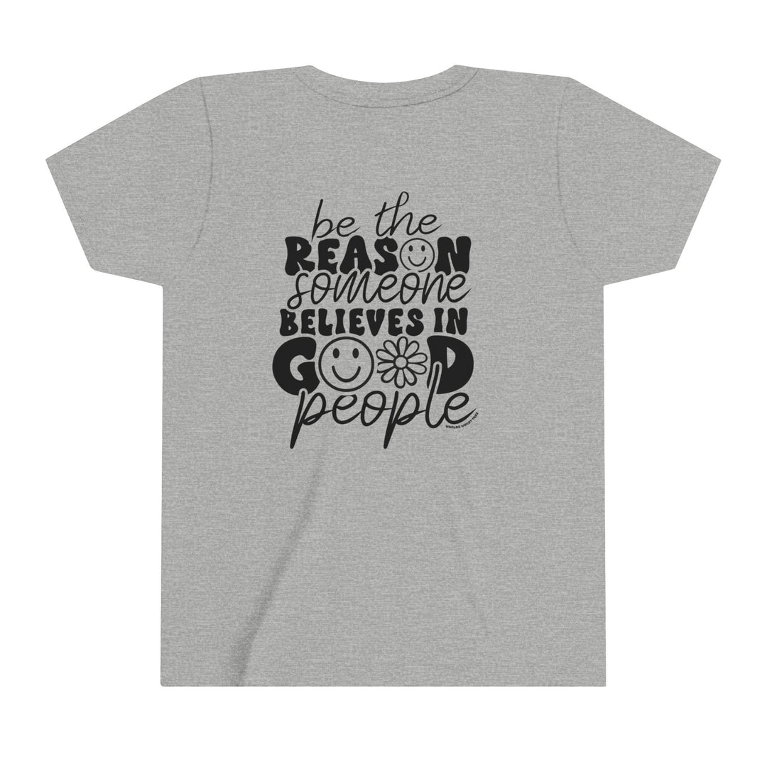 Youth short sleeve tee with black text on grey fabric. Lightweight and comfortable, perfect for custom artwork. Features ribbed collar and tear-away label. From Worlds Worst Tees, the Be the Reason Kids Tee.