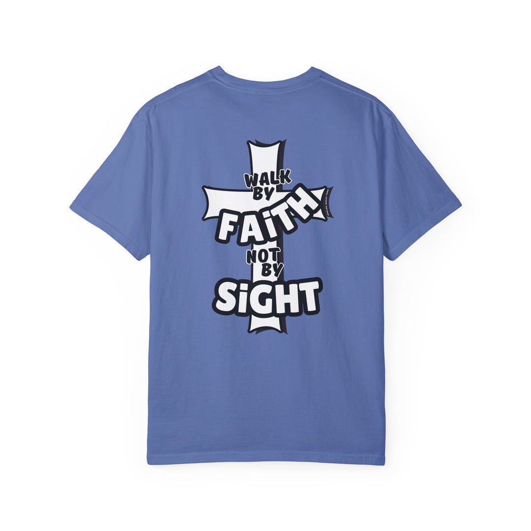 A relaxed-fit Walk By Faith Not By Sight Tee in blue with a white cross and text. Made of 100% ring-spun cotton for comfort and durability, featuring double-needle stitching and a seamless design.