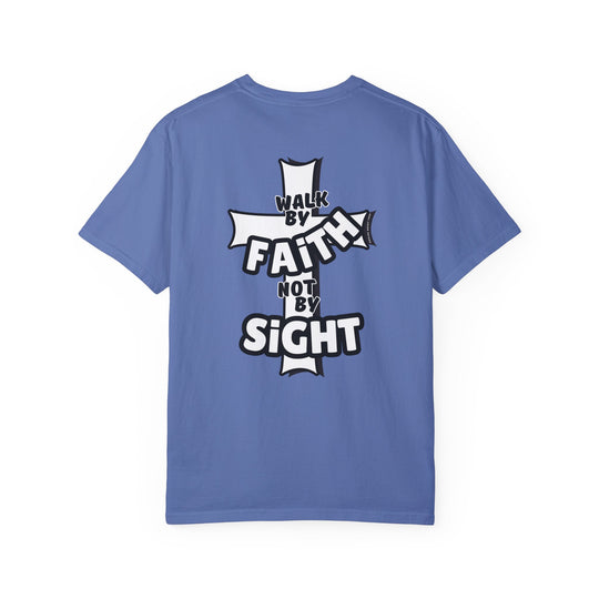 A relaxed-fit Walk By Faith Not By Sight Tee in blue with a white cross and text. Made of 100% ring-spun cotton for comfort and durability, featuring double-needle stitching and a seamless design.