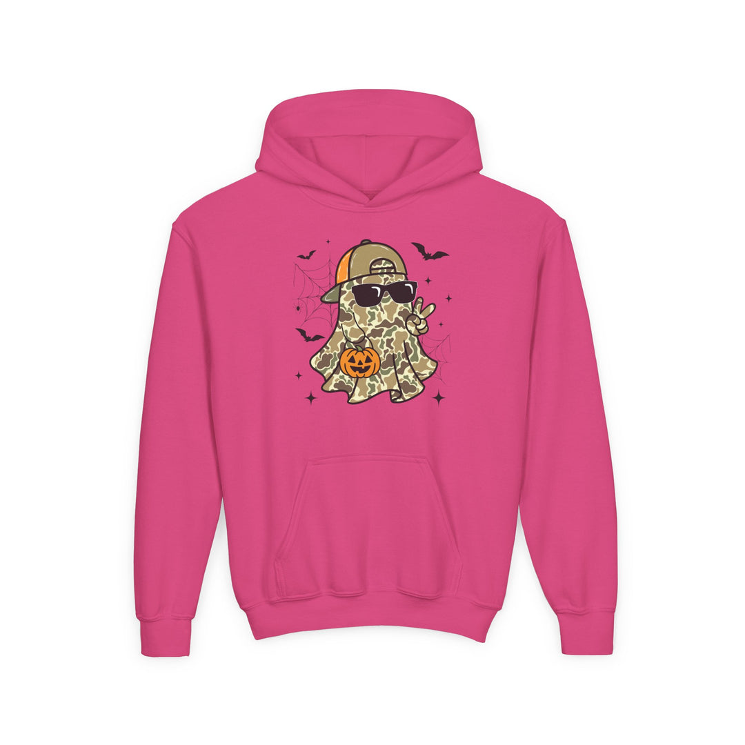 Candy Ghost Youth Hoodie featuring a vivid ghost graphic with camo pattern, sunglasses, and peace sign, perfect for a fun, spooky style.