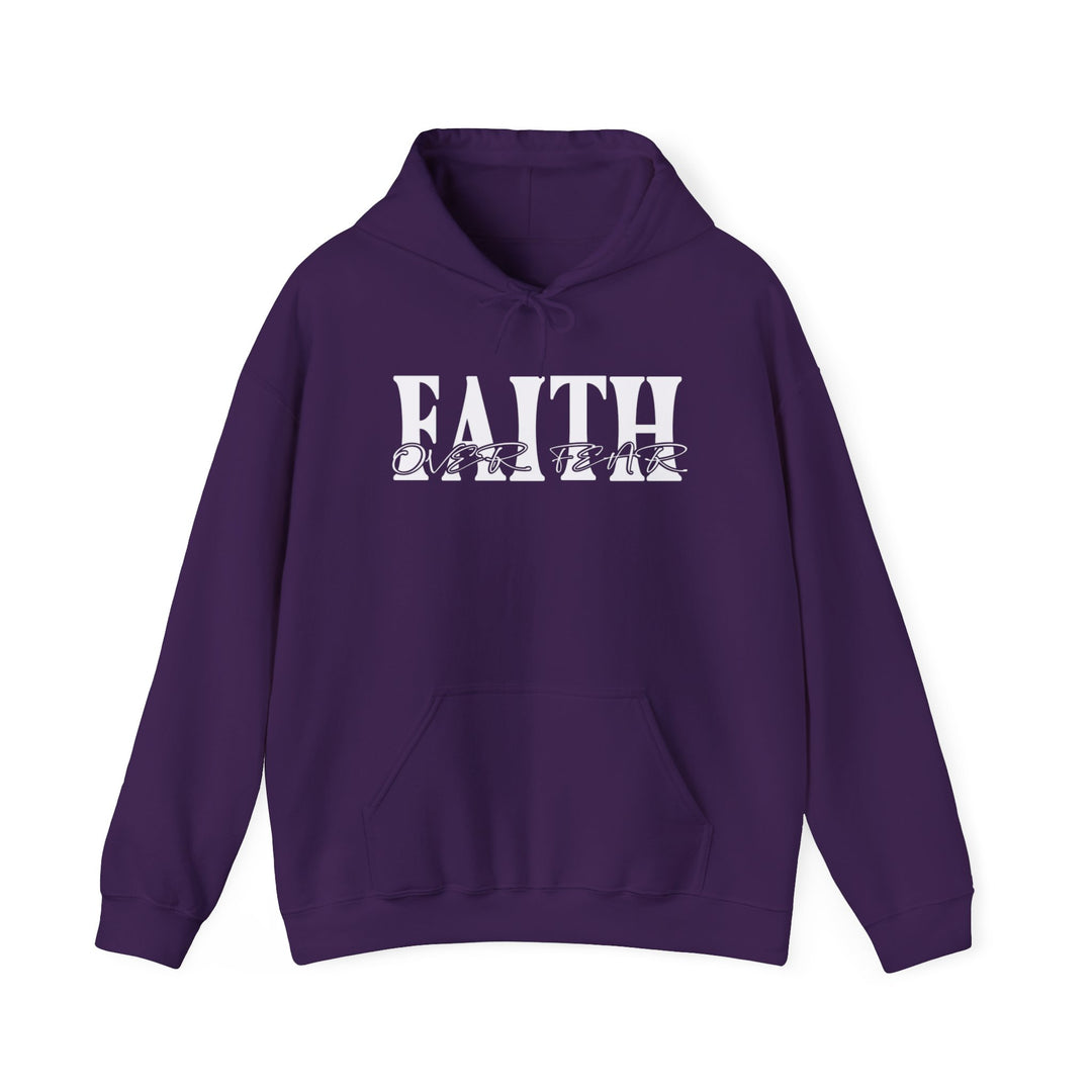 A cozy unisex Faith Over Fear Hoodie in purple, featuring white text. Made of cotton and polyester blend, with kangaroo pocket and matching drawstring hood. Ideal for chilly days.