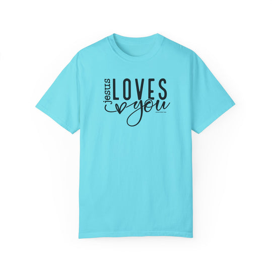 Relaxed fit Jesus Loves You Tee, 100% ring-spun cotton, garment-dyed for coziness. Durable double-needle stitching, seamless design for tubular shape retention. Medium weight, versatile wardrobe essential.