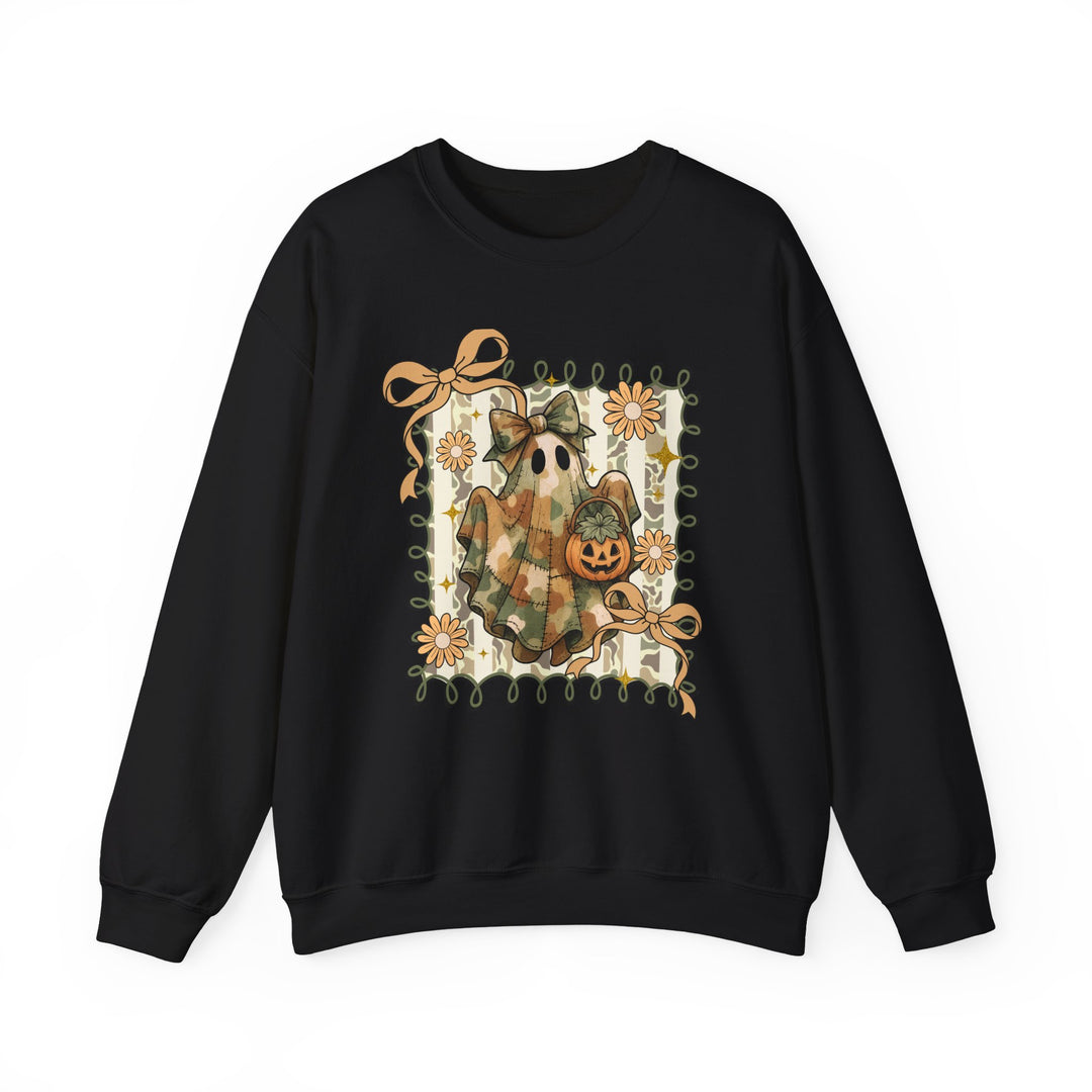 Quilted Ghost Crew sweatshirt with a playful Halloween design featuring a ghost with a jack-o’-lantern framed by vines and flowers. Ideal for cozy autumn wear.