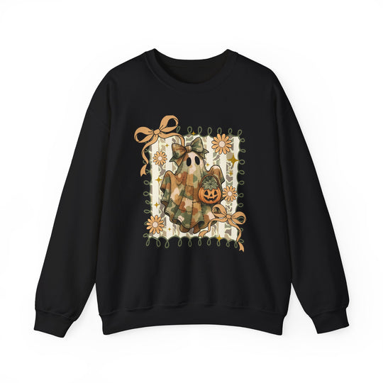 Quilted Ghost Crew sweatshirt with a playful Halloween design featuring a ghost with a jack-o’-lantern framed by vines and flowers. Ideal for cozy autumn wear.