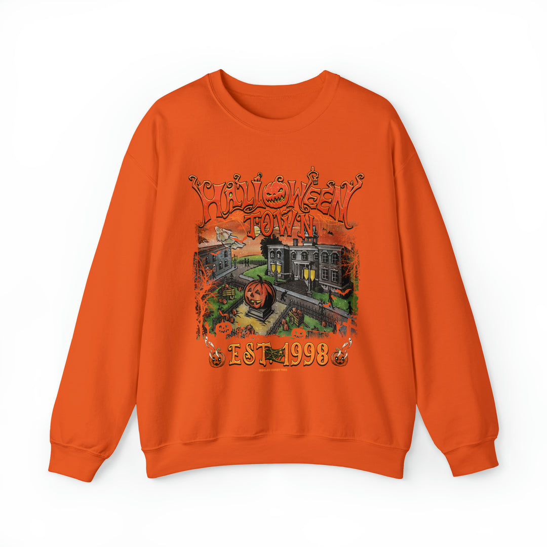 A Halloweentown Crew unisex sweatshirt with a graphic design of a pumpkin and a house. Made of 50% cotton and 50% polyester, featuring ribbed knit collar and no itchy side seams.