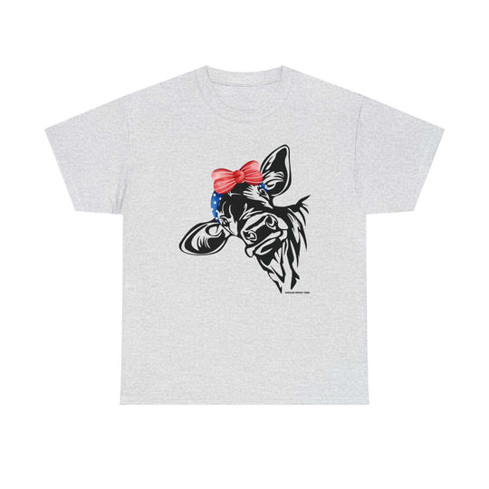 Unisex heavy cotton tee featuring a cow head with a bow design. No side seams for comfort, tape on shoulders for durability. Classic fit, medium weight fabric. Ideal for casual fashion.