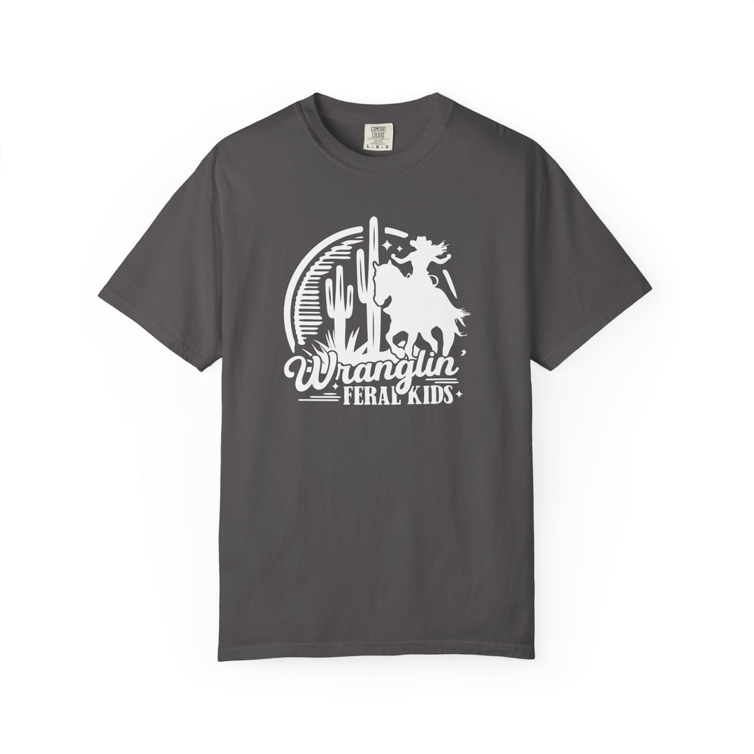 Charcoal short-sleeve Wranglin’ Feral Kids tee featuring a Western-style graphic of a rider on horseback, cactus, and sun/moon, designed for comfort and durability.