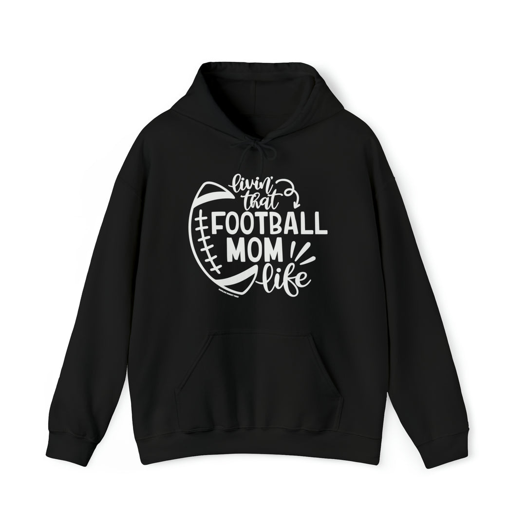 Unisex Football Mom Life Hoodie: Black hoodie with white text, no side seams for comfort, tape on shoulders for durability, ribbed knit collar. Classic fit, 100% cotton. Sizes S-5XL.