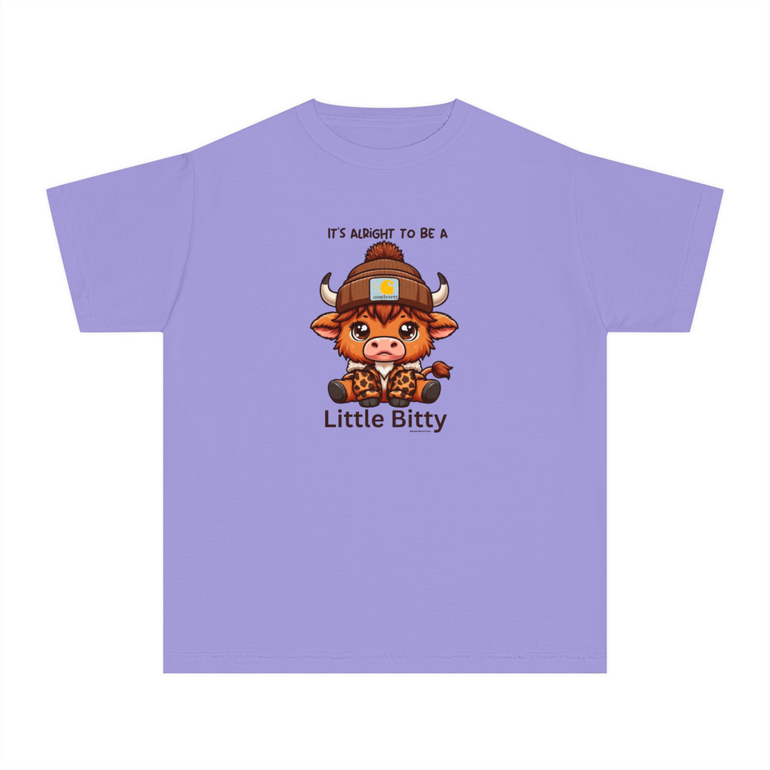 A Little Bitty Kids Tee in purple featuring a cartoon cow design. Made of 100% combed ringspun cotton for comfort and agility, ideal for kids' active schedules. Classic fit, soft-washed, and garment-dyed.