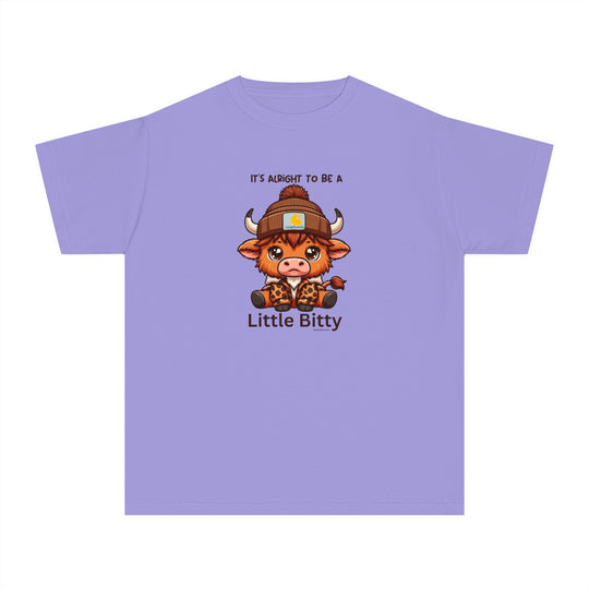 A Little Bitty Kids Tee in purple featuring a cartoon cow design. Made of 100% combed ringspun cotton for comfort and agility, ideal for kids' active schedules. Classic fit, soft-washed, and garment-dyed.