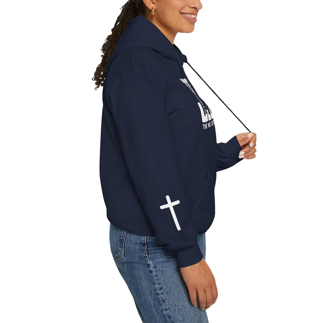 A heavy blend hooded sweatshirt featuring a white cross on a blue background, with a kangaroo pocket and drawstring hood. Unisex, cozy, and stylish, perfect for cold days. Ideal for casual wear.