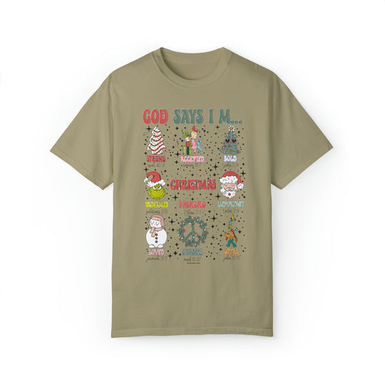 A unisex God says I'm Tee t-shirt with various designs featuring Christmas characters like a snowman, Santa Claus, and a green cat. Made of 80% ring-spun cotton and 20% polyester for luxurious comfort.