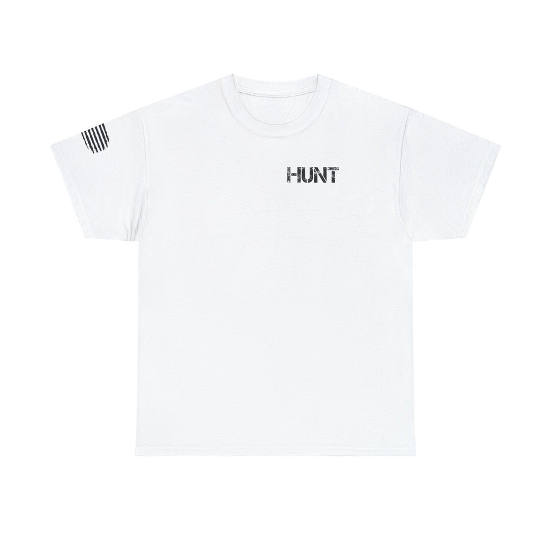 American Hunter Tee: A premium fitted men’s white t-shirt with black text. Comfy, light, and roomy, perfect for workouts or daily wear. Ribbed knit collar, side seams for shape retention. Made of 100% combed, ring-spun cotton.