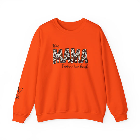 Unisex Mama Herd Crew sweatshirt in orange with black and white design. Made of 50% cotton, 50% polyester blend, ribbed knit collar, no itchy side seams, loose fit. Ideal for comfort.
