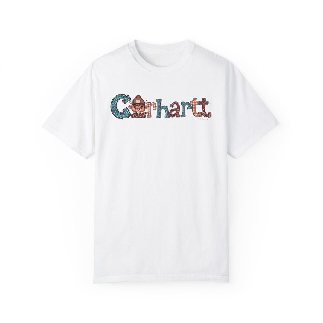 Cowhartt Tee: A white t-shirt featuring a cartoon cow design, made of 100% ring-spun cotton for a soft, cozy feel. Relaxed fit with double-needle stitching for durability. From Worlds Worst Tees.