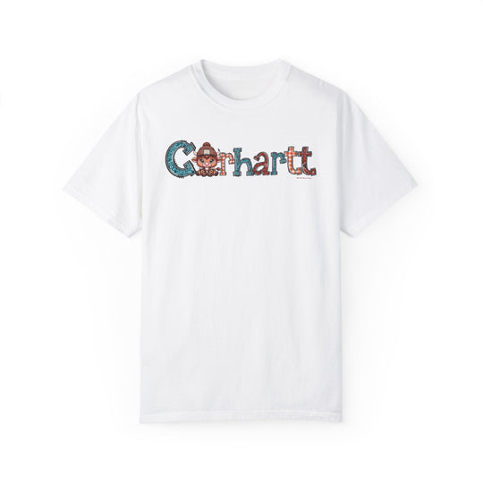 Cowhartt Tee: A white t-shirt featuring a cartoon cow design, made of 100% ring-spun cotton for a soft, cozy feel. Relaxed fit with double-needle stitching for durability. From Worlds Worst Tees.