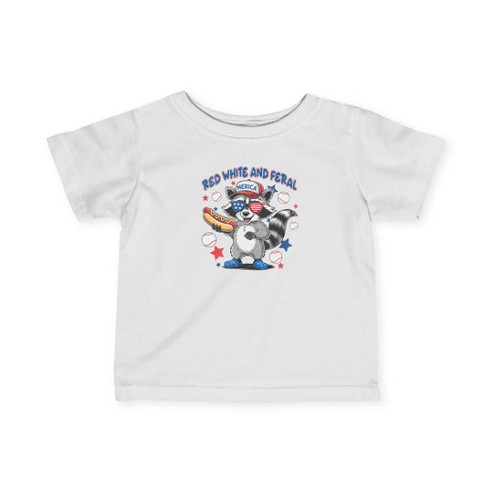 Infant-sized Red White and Feral Baseball Baby Tee, featuring durable side seams, ribbed knitting, and taped shoulders for comfort and longevity.