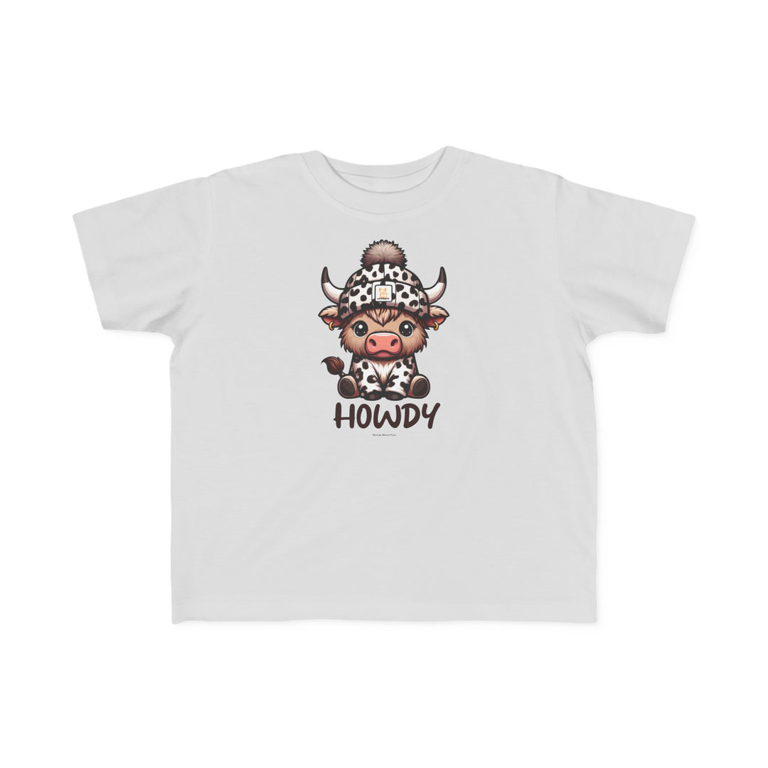 A playful Howdy Toddler Tee featuring a cartoon cow design on white fabric. Soft 100% combed ringspun cotton, tear-away label, and classic fit for comfort and durability. Sizes 2T to 5-6T.