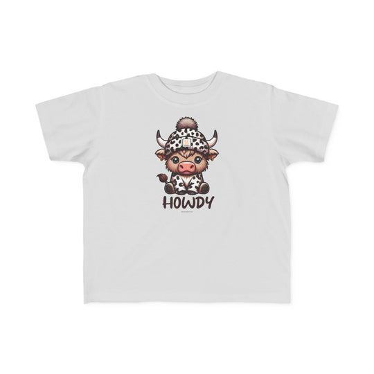 A playful Howdy Toddler Tee featuring a cartoon cow design on white fabric. Soft 100% combed ringspun cotton, tear-away label, and classic fit for comfort and durability. Sizes 2T to 5-6T.