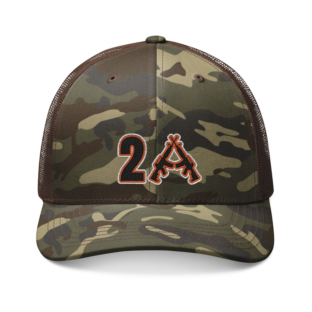 2A Camouflage Trucker Hat (Embroidery) with a camo pattern, featuring a black and orange 2A logo with crossed rifles, breathable mesh back, and adjustable snap closure.