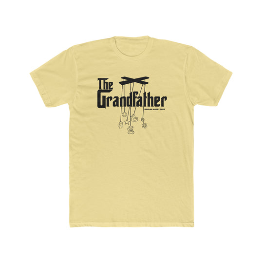 A relaxed fit Grandfather Tee in yellow with black text, made of 100% ring-spun cotton. Garment-dyed for coziness, featuring double-needle stitching for durability and a seamless design for a tubular shape.