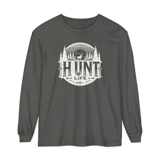 A Hunt Life Long Sleeve T-Shirt with a deer and tree logo on a grey shirt. Made of 100% ring-spun cotton for softness and style, featuring a relaxed fit for comfort. From Worlds Worst Tees.