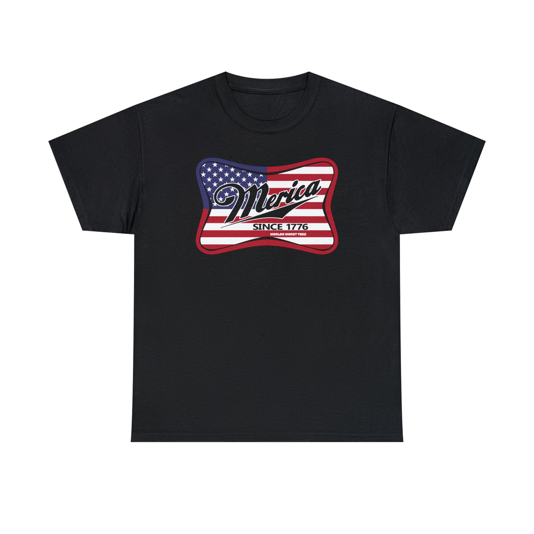 Unisex Merica Tee: Black shirt with flag and text, classic fit, 100% cotton, medium weight fabric, no side seams, ribbed knit collar. Ideal casual staple from Worlds Worst Tees.