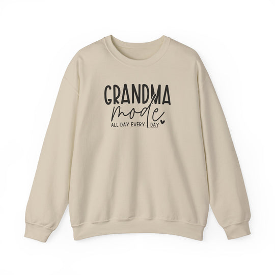 A Grandma Mode Crew unisex sweatshirt, white with black text. Heavy blend fabric, ribbed knit collar, no itchy seams. 50% cotton, 50% polyester, loose fit, true to size.