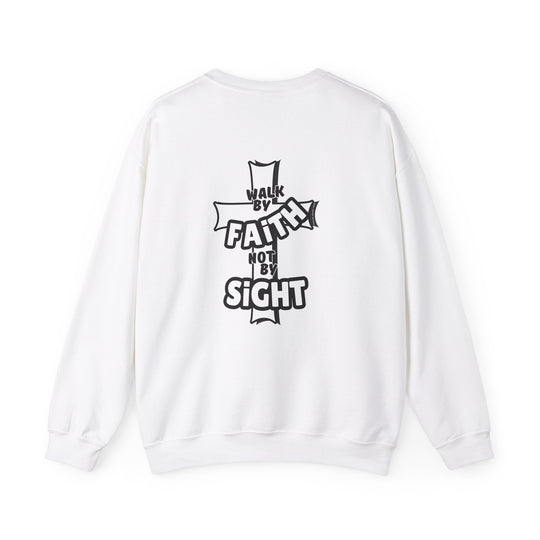 A white crewneck sweatshirt with bold black text Walk By Faith Not By Sight embodies comfort and style. Made of 50% cotton and 50% polyester, featuring ribbed knit collar and no itchy side seams. Unisex, loose fit, and true to size.