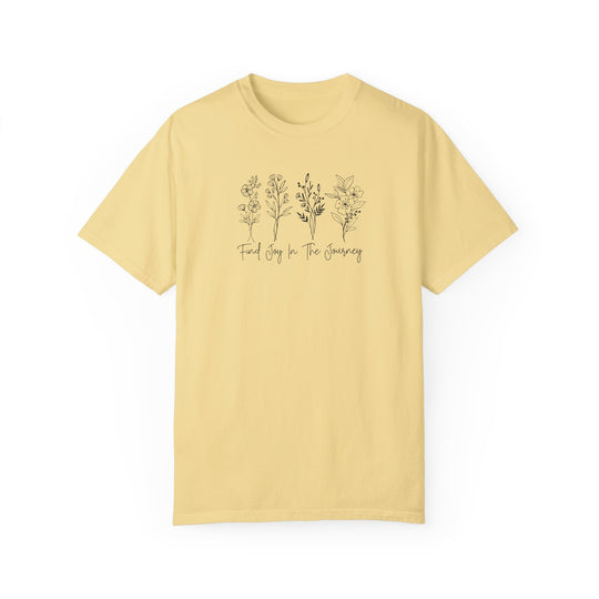 Garment-dyed tee with ring-spun cotton, featuring Find Joy in the Journey text. Soft-washed fabric, relaxed fit, durable double-needle stitching, and seamless design for comfort and style. From Worlds Worst Tees.
