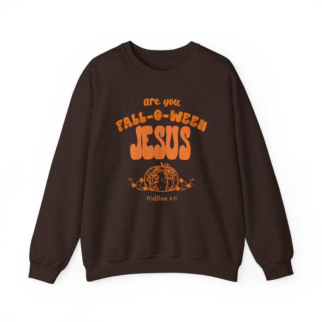 Dark-brown crewneck sweatshirt featuring are you FALL-O-WEEN JESUS in orange lettering with a pumpkin vine motif and Bible reference, Matthew 4:19.