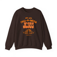 Dark-brown crewneck sweatshirt featuring are you FALL-O-WEEN JESUS in orange lettering with a pumpkin vine motif and Bible reference, Matthew 4:19.