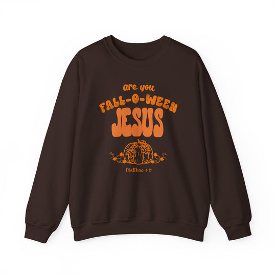 Dark-brown crewneck sweatshirt featuring are you FALL-O-WEEN JESUS in orange lettering with a pumpkin vine motif and Bible reference, Matthew 4:19.