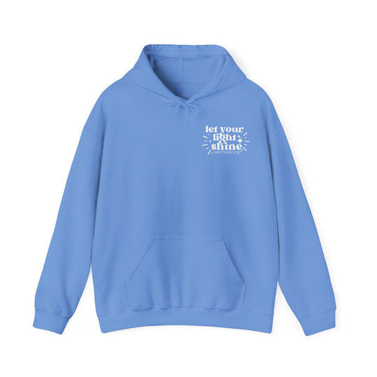 Unisex Let Your Light Shine Hoodie: A cozy blend of cotton and polyester, featuring a kangaroo pocket and matching drawstring hood. Perfect for chilly days. From Worlds Worst Tees.