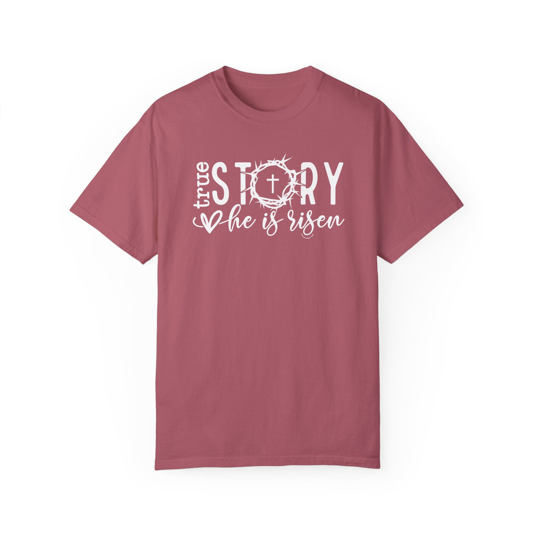 A relaxed fit True Story He is Risen Tee, crafted from 100% ring-spun cotton. Garment-dyed for extra coziness, featuring double-needle stitching for durability and a seamless design for a sleek look.