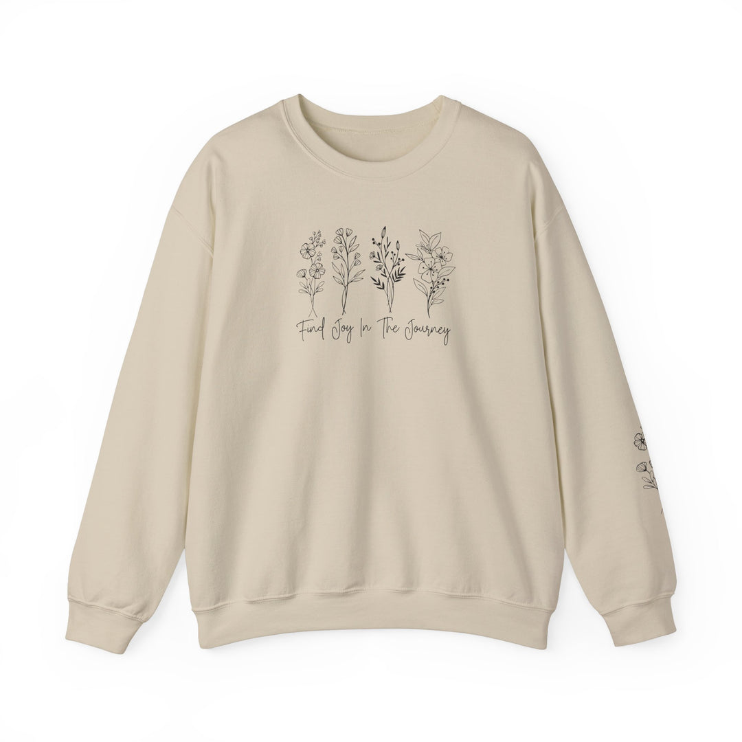 A unisex heavy blend crewneck sweatshirt featuring Find Joy in the Journey design. Made of 50% cotton, 50% polyester with ribbed knit collar. Medium-heavy fabric, loose fit, true to size.