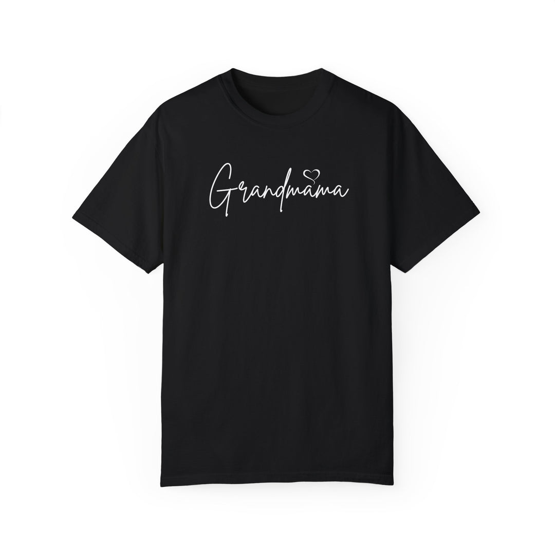 Grandmama Tee: Black shirt with white text, 100% ring-spun cotton, medium weight, relaxed fit, durable double-needle stitching, tubular shape. From Worlds Worst Tees.