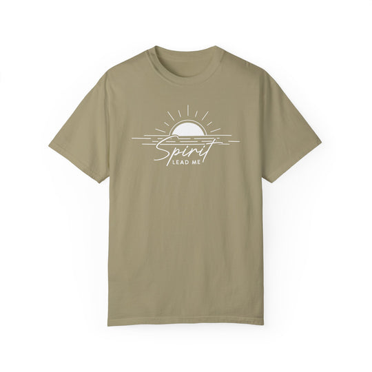 A tan Spirit Lead Me Tee, featuring white text and a sun and water logo. 100% ring-spun cotton, garment-dyed for coziness. Relaxed fit, durable double-needle stitching, no side-seams for shape retention.