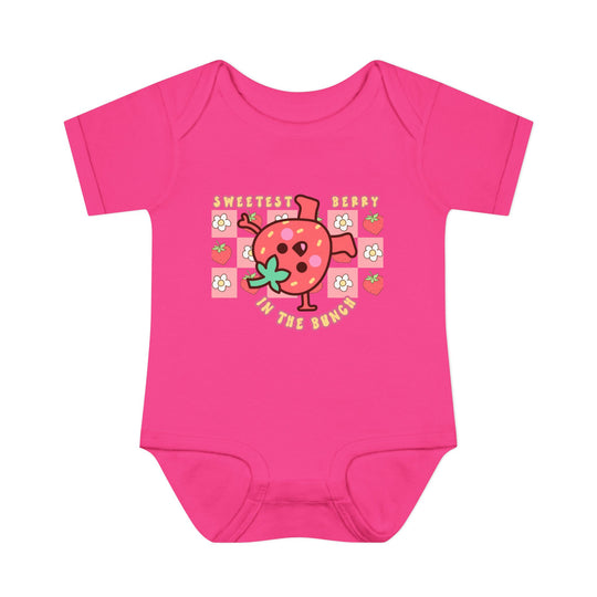 Sweetest Berry in the Bunch Onesie: Infant unisex bodysuit with lap shoulders, made of soft ring-spun cotton, designed for comfort and ease of movement.