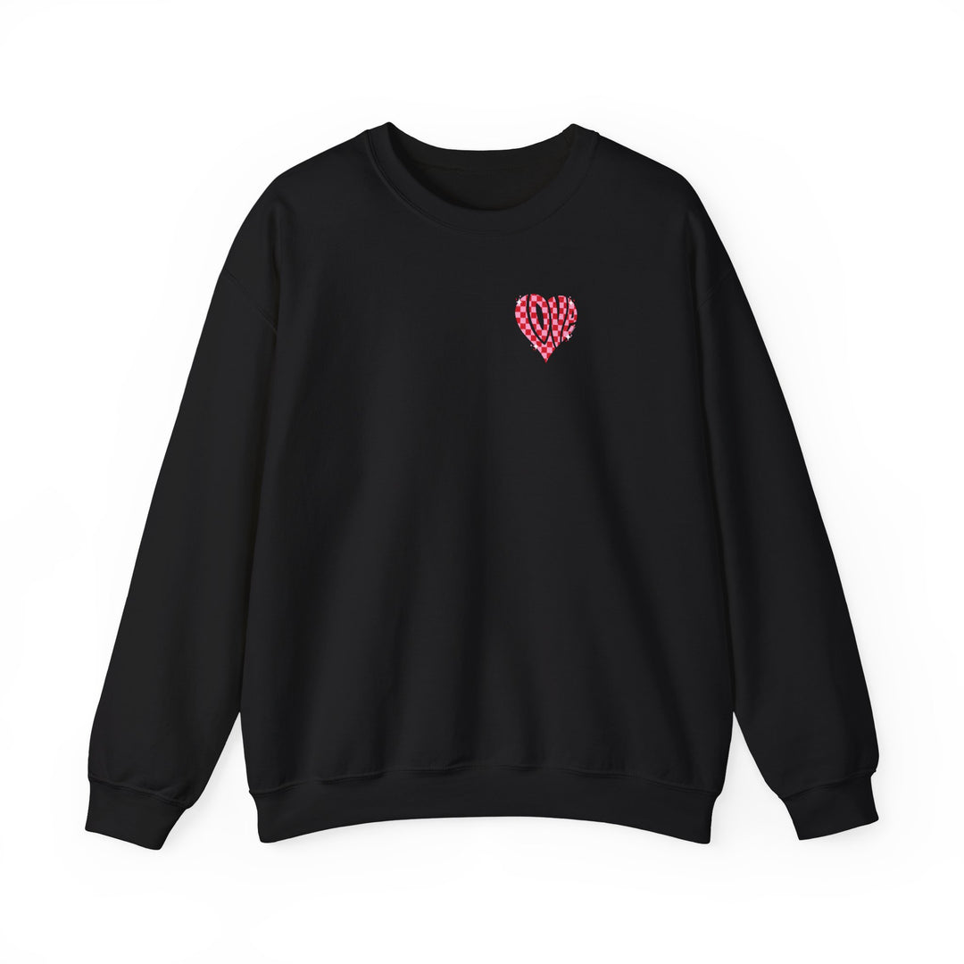 A black Love Crew unisex sweatshirt with a heart design, made of polyester and cotton blend for comfort. Ribbed knit collar, no itchy side seams, loose fit. Sizes S-5XL.