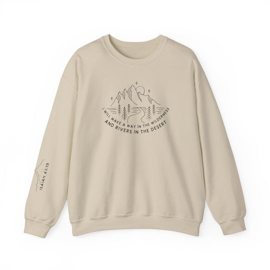 A white crewneck sweatshirt featuring a graphic design of mountains and trees. Unisex heavy blend made of 50% cotton and 50% polyester for cozy warmth. Ideal for colder months with a classic fit and durable double-needle stitching.