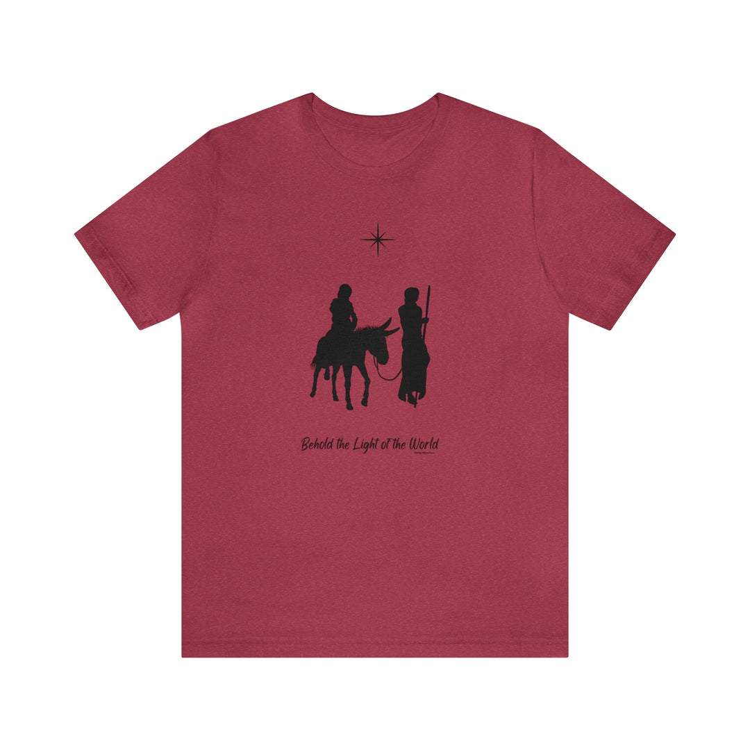 Unisex red tee featuring a striking horse and donkey rider graphic. Soft Airlume cotton, ribbed collar, and retail fit for comfort. Sizes XS-5XL. From 'Worlds Worst Tees'.