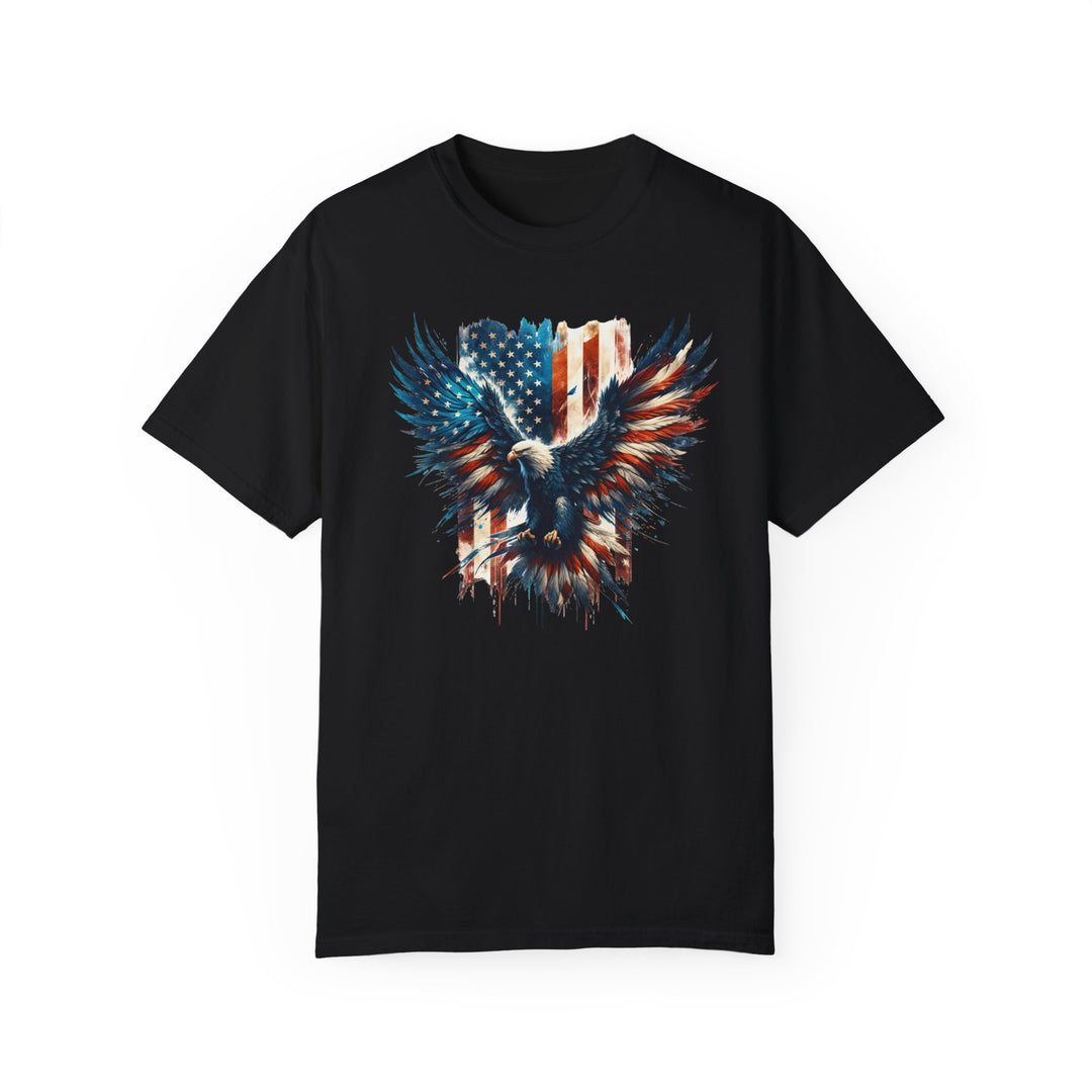American Eagle Tee: Black shirt with eagle and flag graphic. 100% ring-spun cotton, garment-dyed for extra coziness. Relaxed fit, durable double-needle stitching, no side-seams for tubular shape. From Worlds Worst Tees.