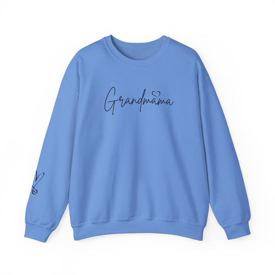 Unisex Grandmama Crew sweatshirt, blue with black text and heart detail. 50% cotton, 50% polyester, ribbed knit collar, no itchy side seams. Medium-heavy fabric, loose fit, true to size.