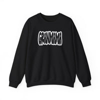 A black Granmama Crew sweatshirt with white text, featuring a loose fit and ribbed knit collar. Unisex heavy blend fabric of 50% cotton, 50% polyester. Comfortable and durable for any occasion.